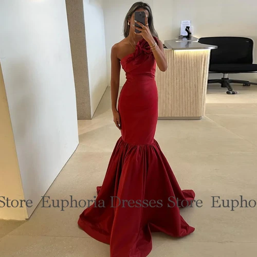 Imagen 2 del producto Vestidos de fiesta color borgoña para mujer 2025, vestido de satén de sirena/trompeta para el Día de San Valentín, vestido de noche Formal con volantes y un solo hombro fruncido