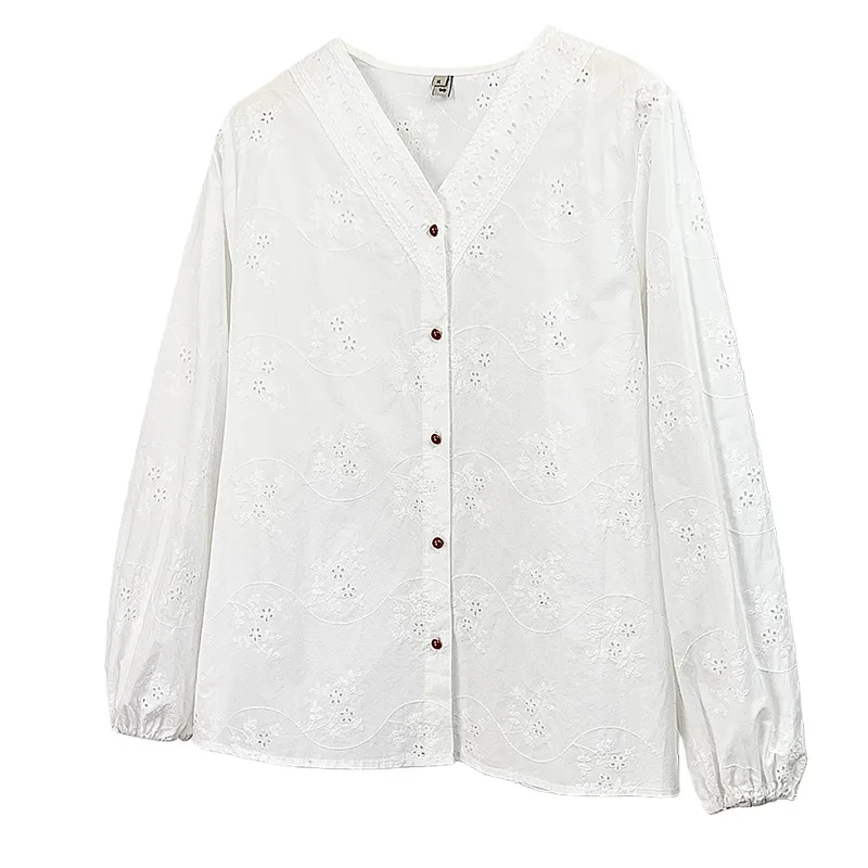 

XXXXL Fashion Plus Size Woman Clothing Blouse 2026 Spring Hollow Out Embroidery Jacquard Cotton V-neck Lantern Sleeve Shirt 8328