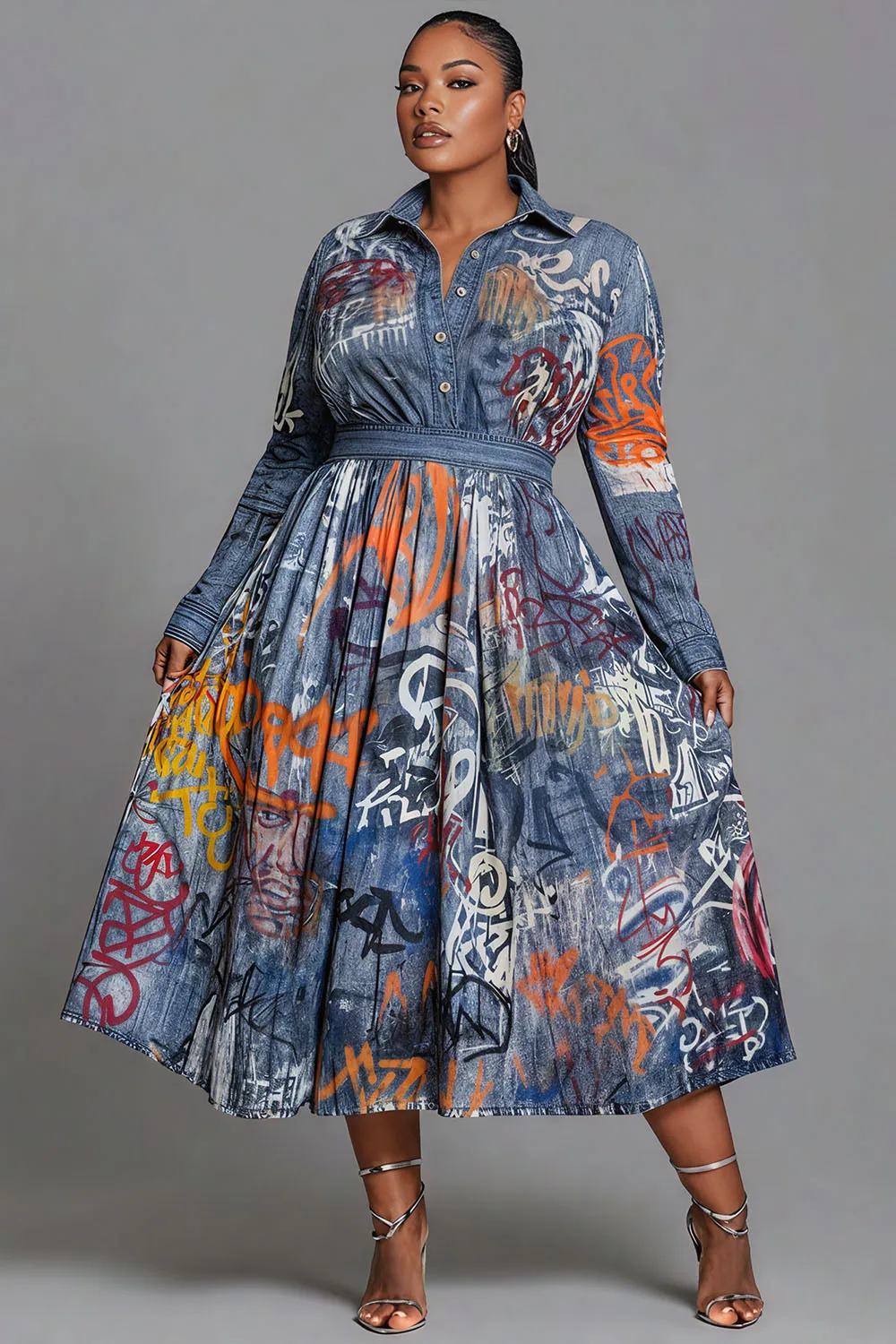 Plus Size Business Casual Blue All Over Print Wrap Neck Long Sleeve Pocket Casual Denim Midi Dresses