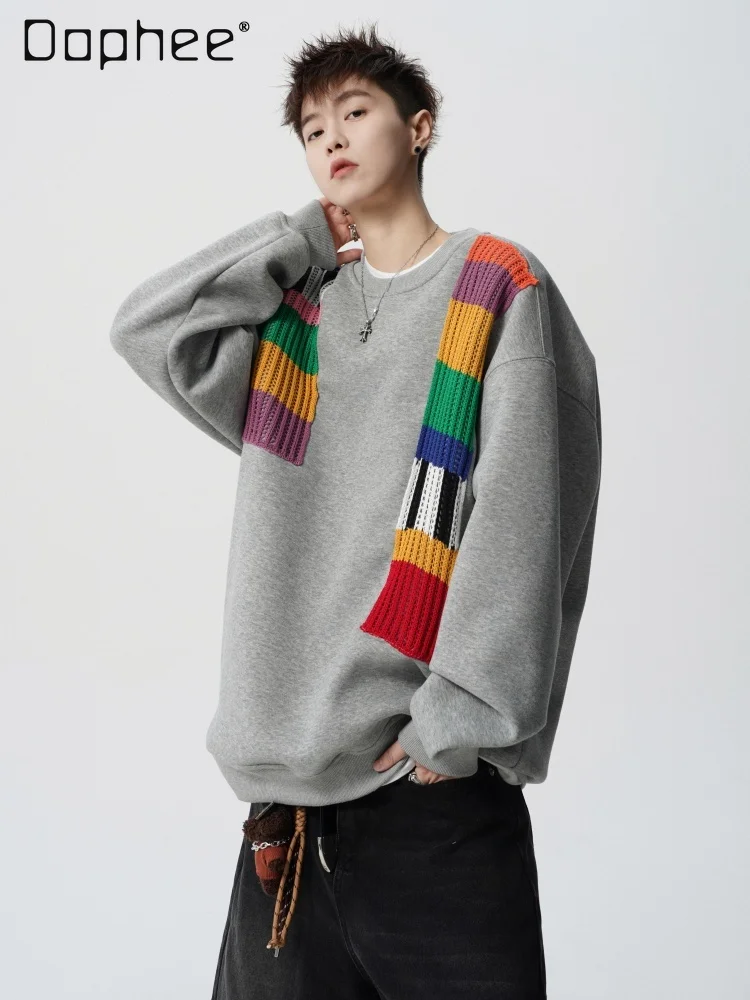 

2025 Spring and Autumn New American Style Men's Rainbow Knit Crew Neck Gray Sweatshirt Couple Loose Casual White Pullover