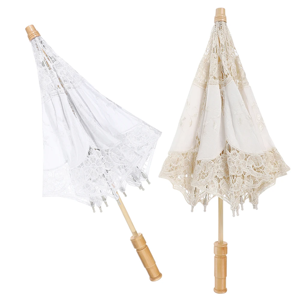 

2 pcs White Embroidered Cotton Wedding Bridal Umbrellas Photo Prop 15CM Radius Easy Grip Portable Storage