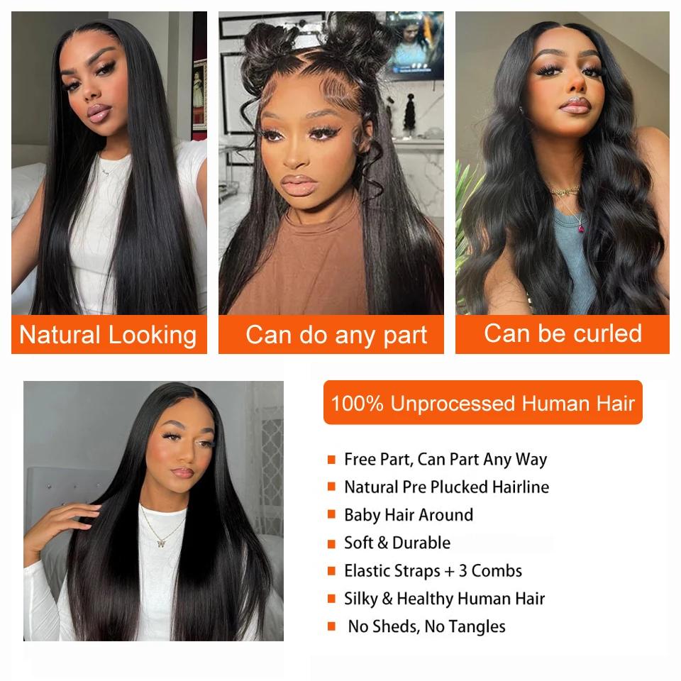 34 Inch Bone Straight Transparent Lace Human Hair Wigs 250 Density Brazilian Remy 13x4 Lace Front Wig For Women With Baby Hair