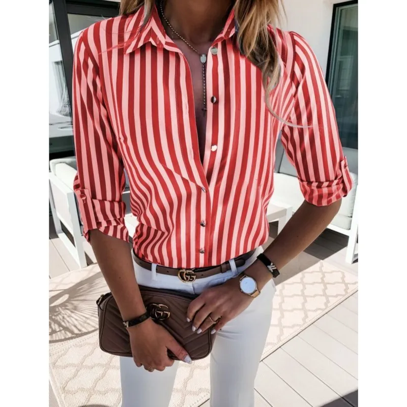 Red And White Printing Striped Shirt Women Vintage Casual Shirts Lady Lapel Button Commute Style Blouses Long Sleeve Fashion Top