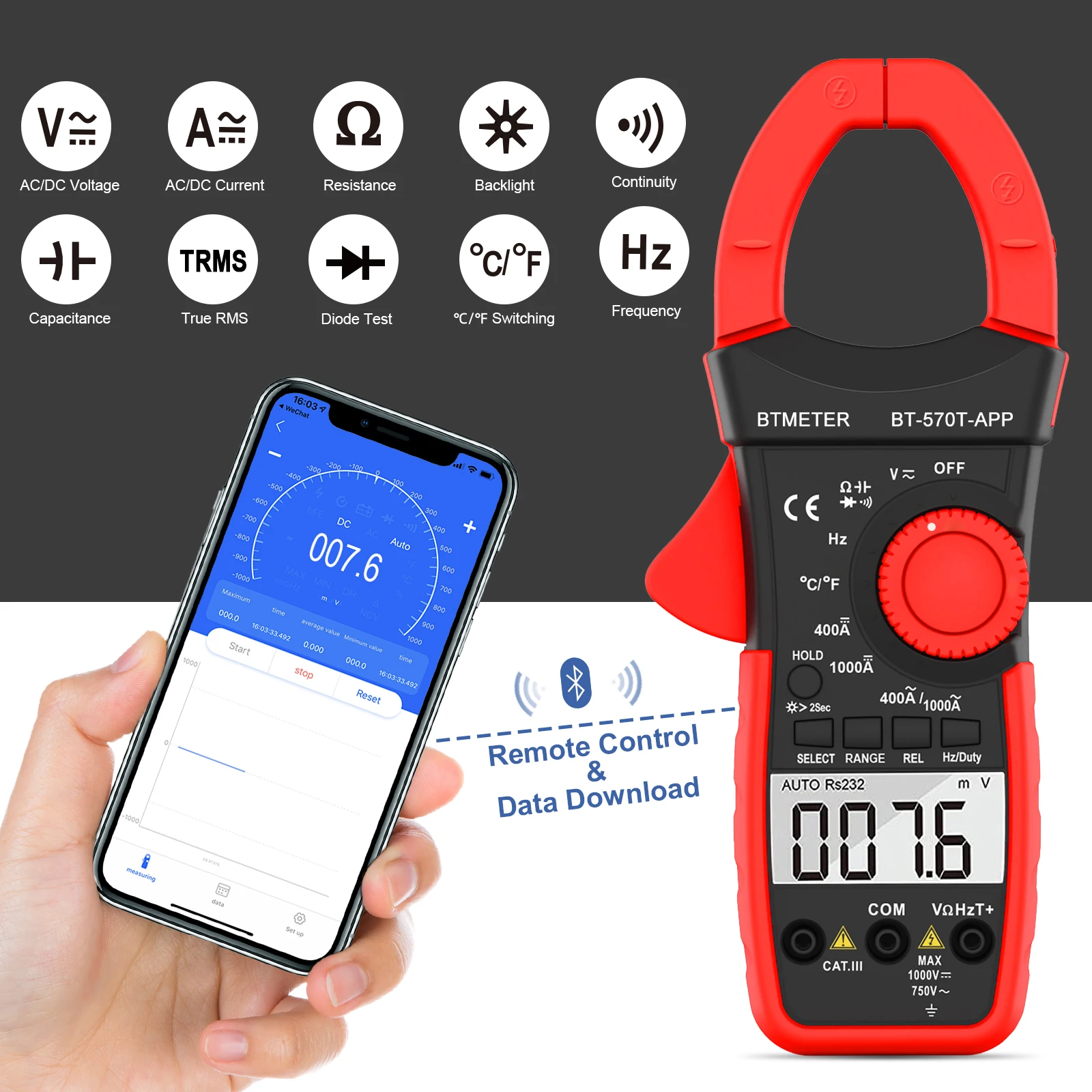 4000 tellingen automatische bereik intelligente digitale AC/DC-stroomtang multimeter aansluiten op mobiele telefoon met APP-functie Backlight BT-570T-APP