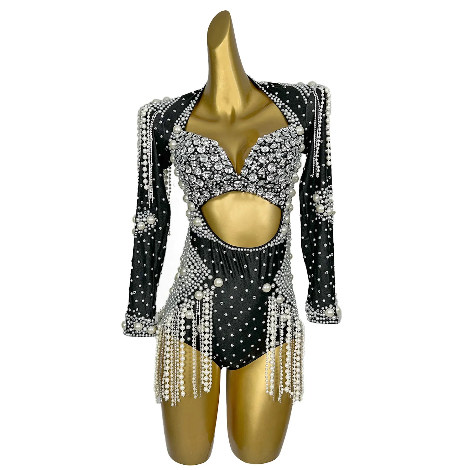 

Full Sparkly Rhinestone Pearls Tassel Bodysuit Leotard Sexy Hot Dance Bar Club Dancer Troupe Stage Performance Women's Costume