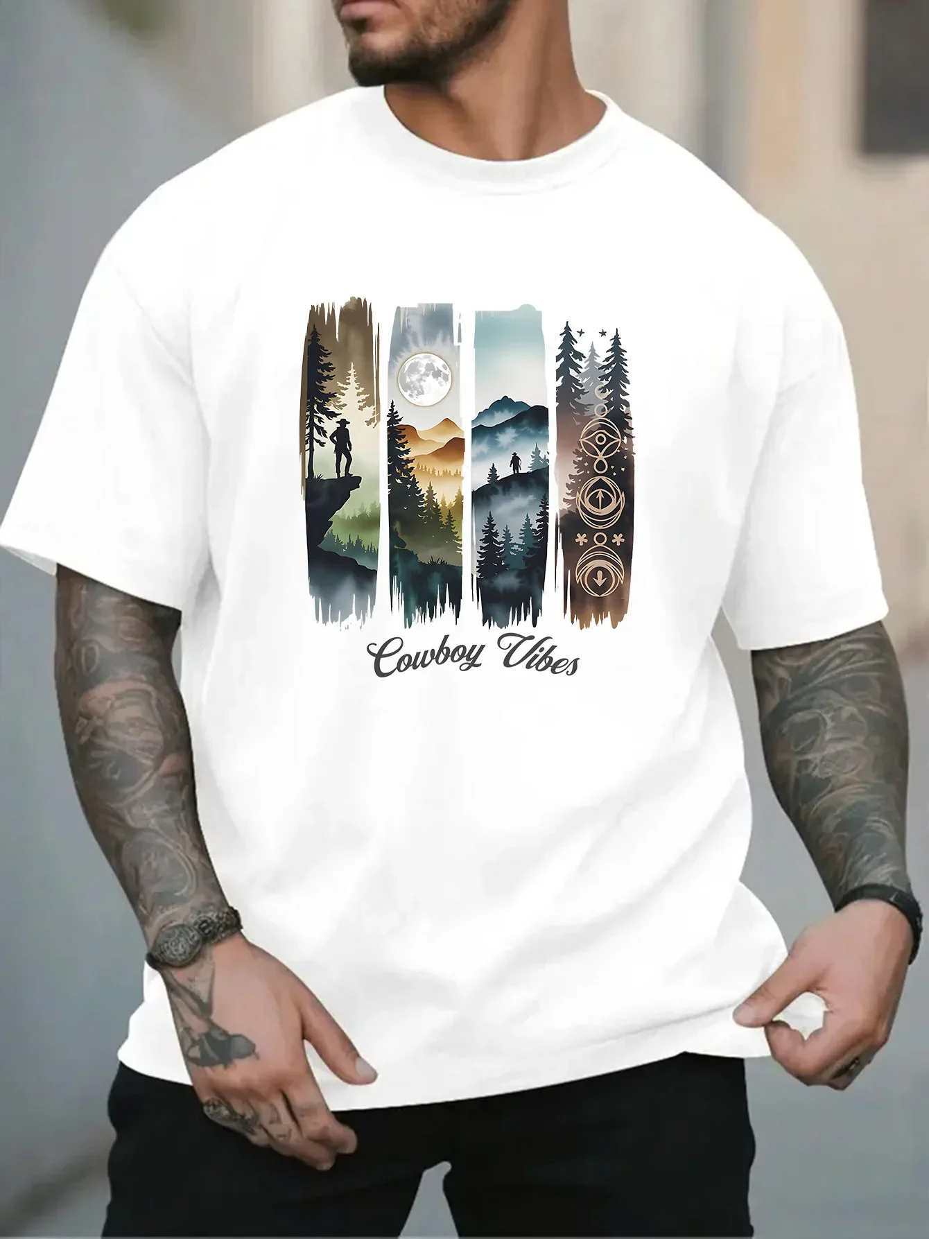 Men's Clothing Summer Cotton Fashionable Casual Forest Mountain Print Vintage Loose Round Neck Short Sleeved T-Shirt Top