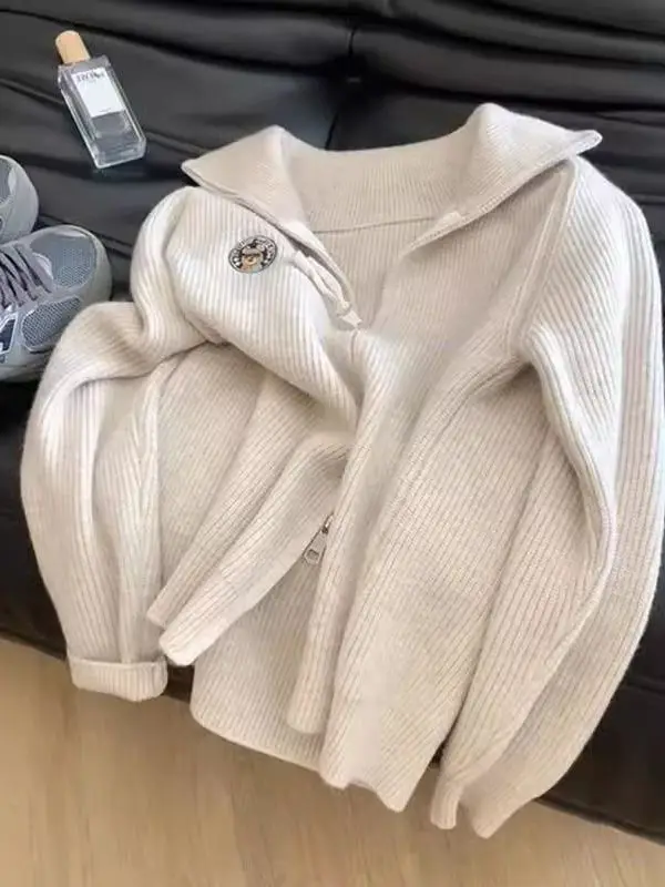 

plus Size Knitted Open Cardigan with Double Zipper Loose Fit Long Sve Turn-down Collar Men's Women's Autumn Winter Outerwear