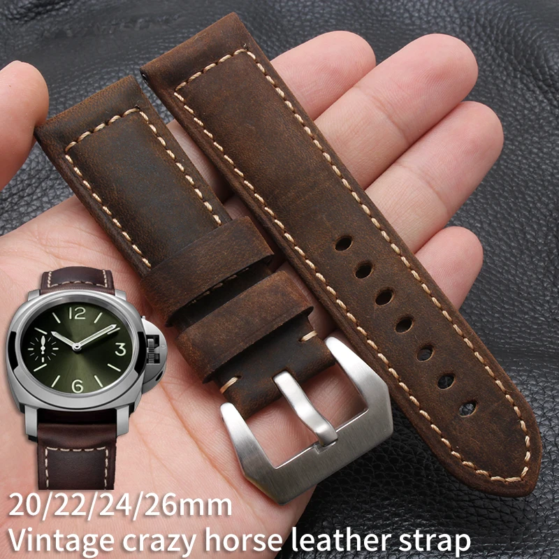For Panerai Watch Band Vintage Crazy horse leather strap for PAM111/441/312 Hamilton SEIKO Fossil 22/24mm Men's thicker bracelet