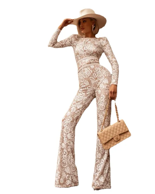 

New, Sexy White Lace Pattern Round-Neck Long-Sleeved Suit, Long Pants, Tight-Fitting Women's Suit, Cross-Border Women's Wear