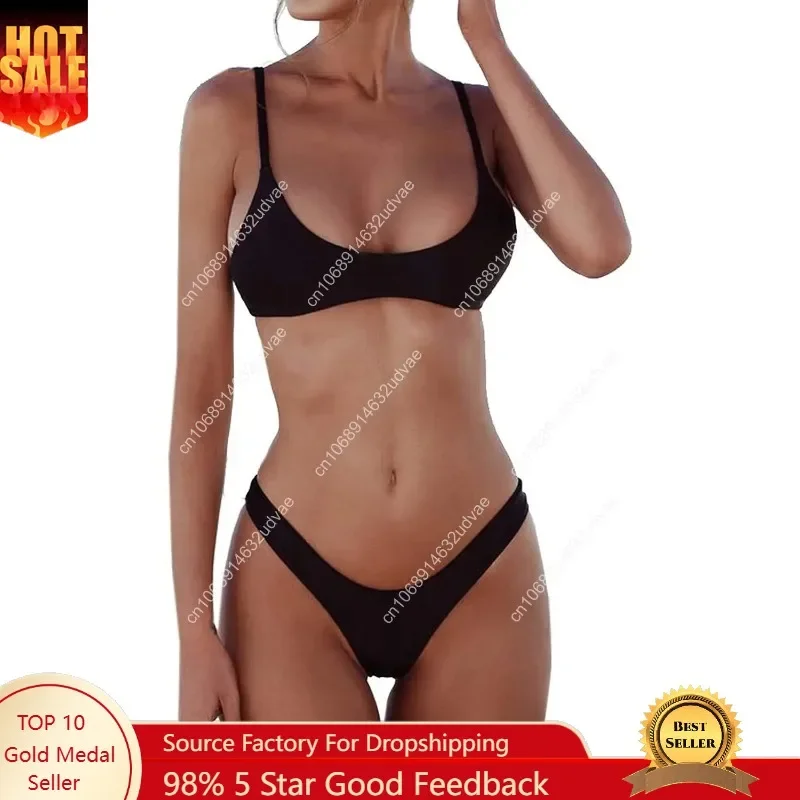 SherryDC Women's Solid Scoop Neck Push Up Padded Brazilian Thong Bikini Swimsuit Bathing Suit