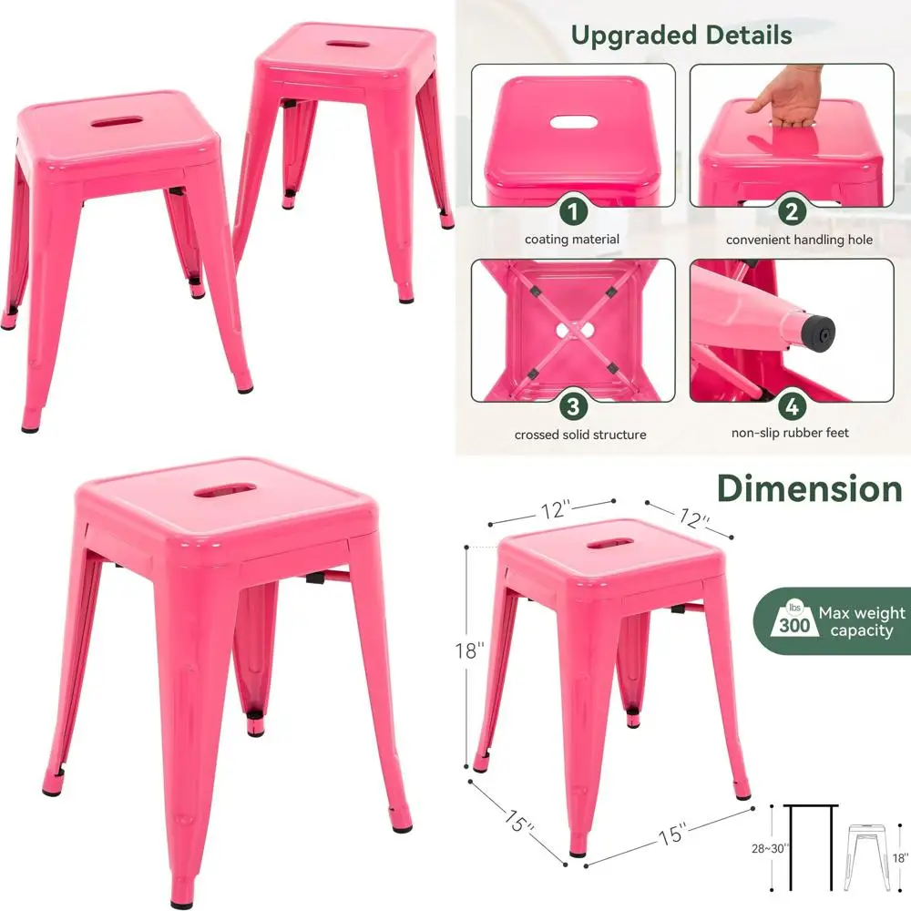 

18 Inch Stackable Industrial Metal Bar Stools, Counter Height, Hot Pink, Suitable for Kitchen Island, Bar & Patio, Indoor/Outdoo