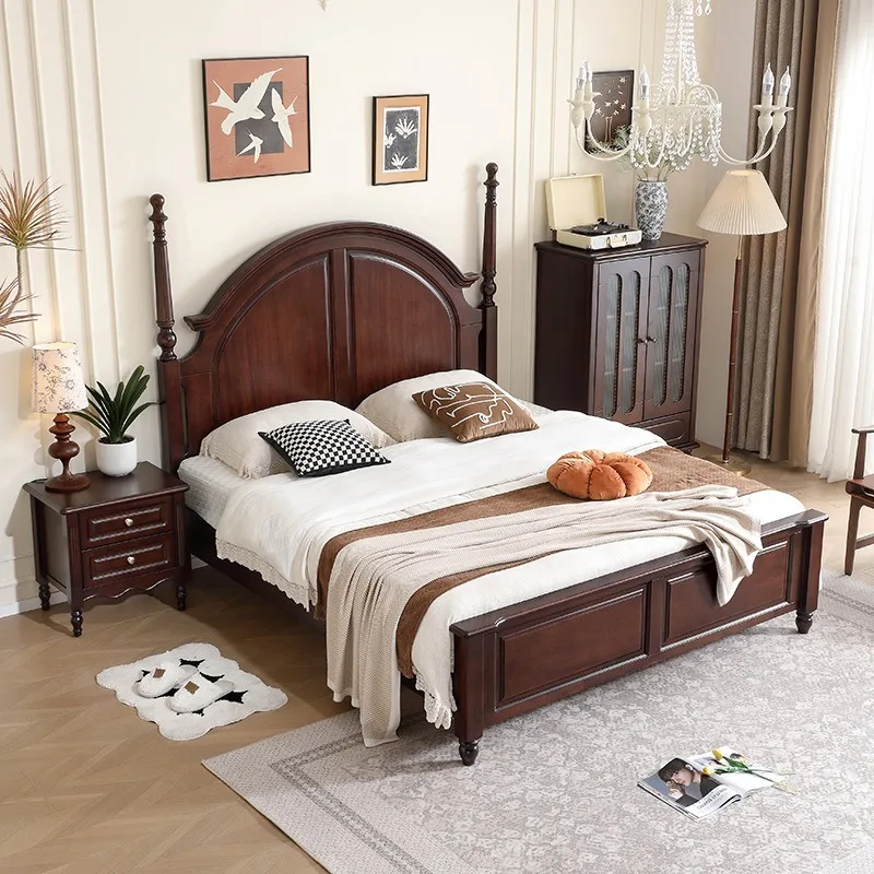 Vintage American Walnut Wood Double Bed, Solid High‑Box Storage Bed Frame for Master Bedroom Small Apartment Household