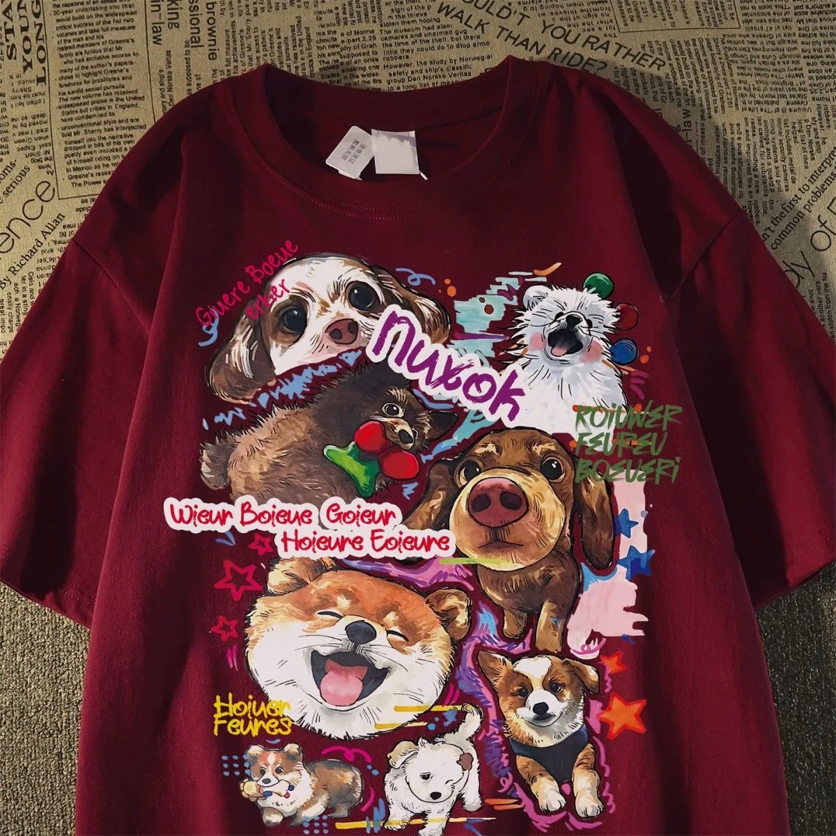 

Vintage Dog Printed T shirt Women 100 Cotton Summer Y2K Tshirt Japanese Style Clothing Burgundy Short Sleeve Top Oversize Tee