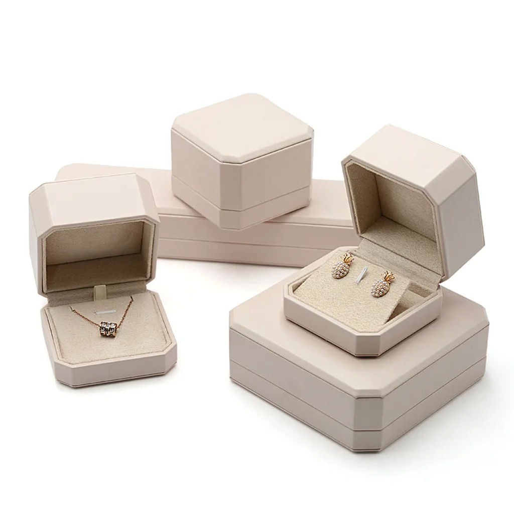 Luxury Jewelry Gift Box Octagonal Ivory PU Leather Ring Box for Single Double Rings, Earrings, Pendants, Bracelets and Necklaces