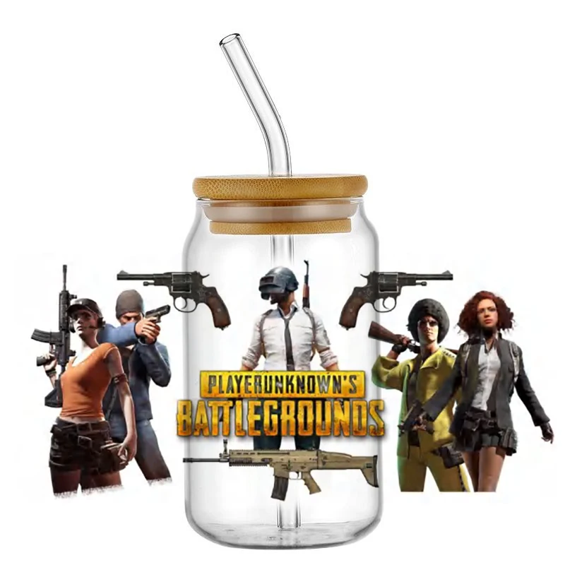 Battle Royale Game UV DTF Wraps, Shooter Game Character Stickers for 16oz Glass Cans, Waterproof DIY Transfer Decals