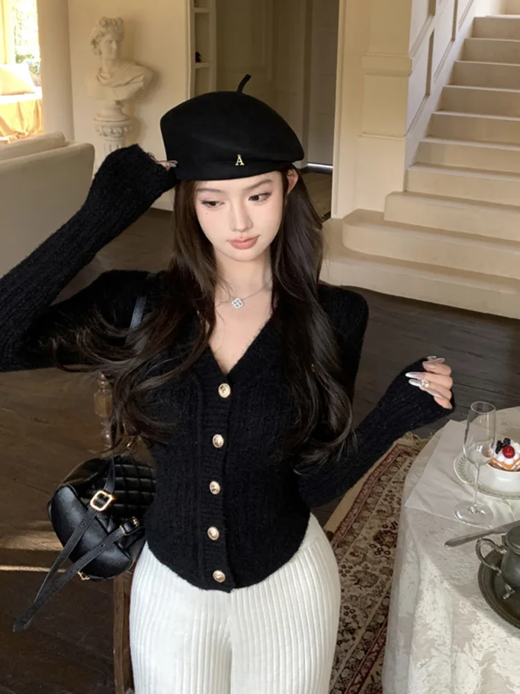 Elegant Long Sleeve V-neck Slim Knitted Cardigan 2024 Spring New Fashion Casual Sweater Coat Korean Spicy Girl Y2k Knitwear Tops