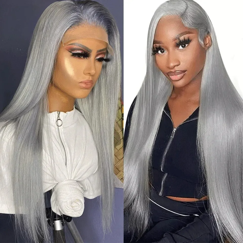 Perruques Lace Front Wig lisses de couleur gris argenté, sans colle, 13x4 HD, perruques Lace Frontal transparentes pour femmes, Cosplay pré-épilées