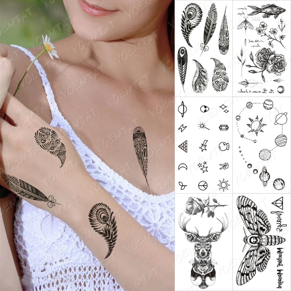 

Waterproof Temporary Tattoo Sticker Feather Totem Leaf Flower Peony Rose Moth Flash Tattoos Arm Black Body Art Fake Tatto Women