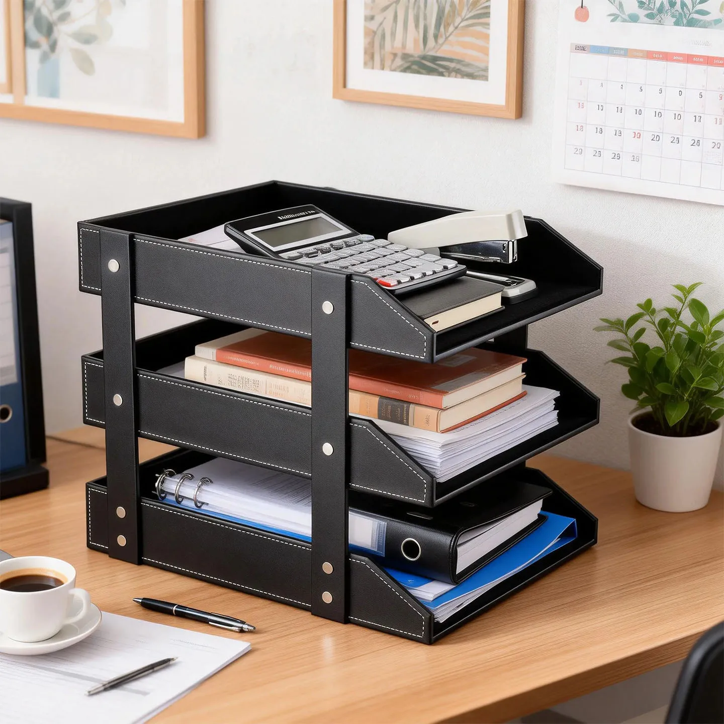 

Stackable PU Leather 3 Tier Document Sorter, A4 File Holder Tray for Office Desk, Desktop Paper Organizer Shelf, Home Supplies