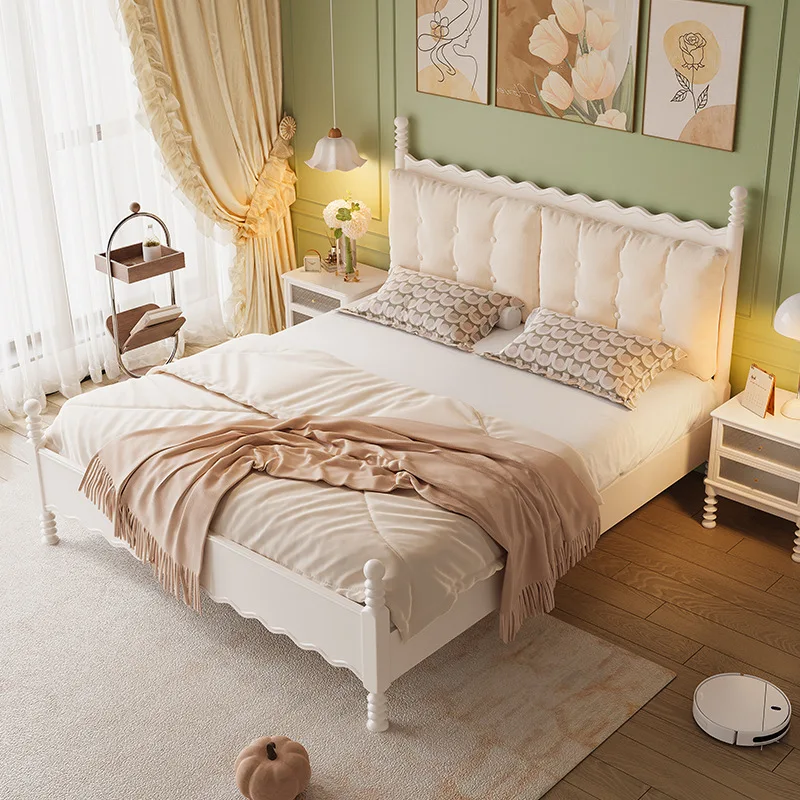 Solid wood soft bed 1.5 meters single bed frame master bedroom 1.8 meters double white princess bed