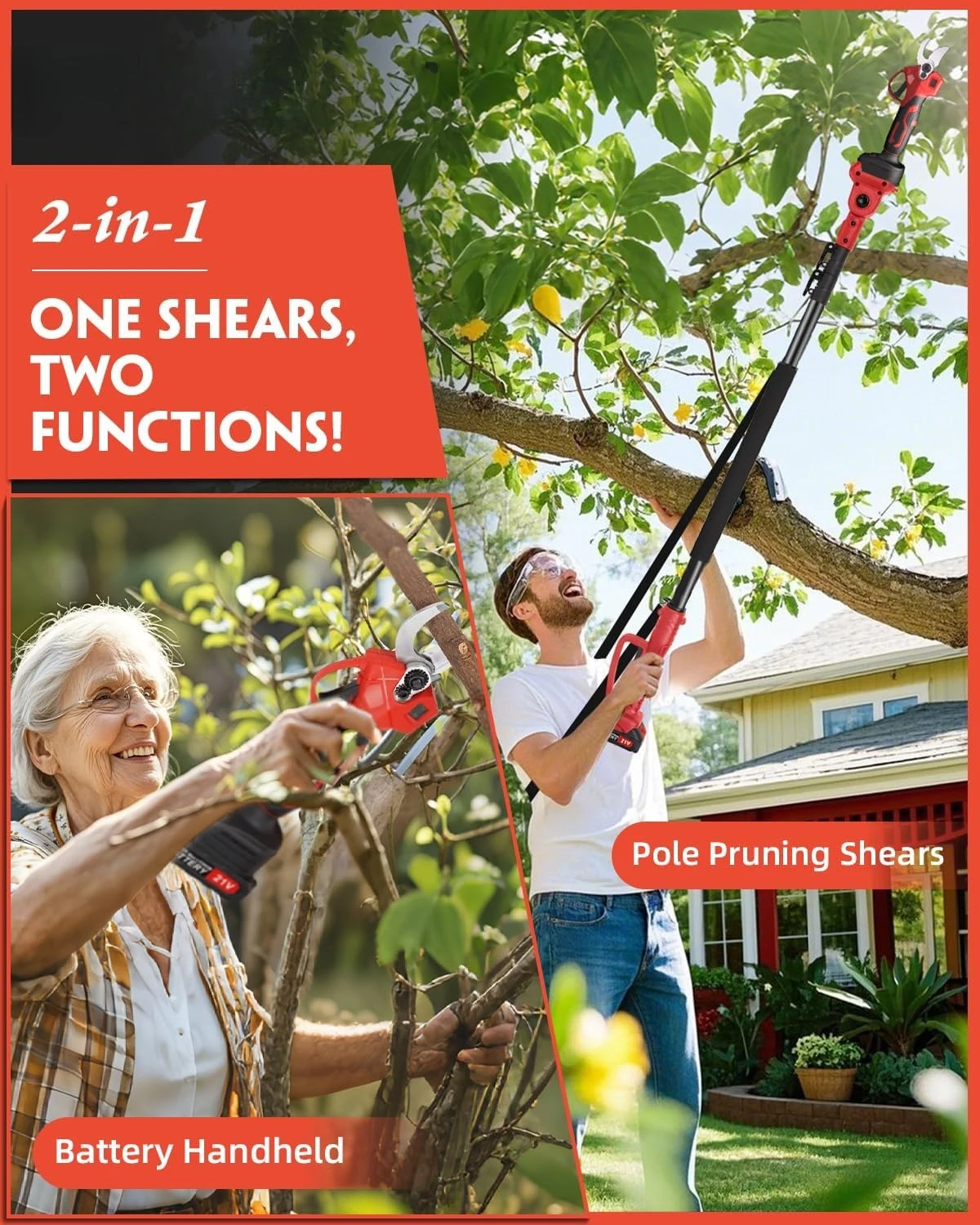 

2-IN-1 Cordless Electric Pole Pruning Shears, 15ft Reach, 1.2" Cutting Diameter,Battery Powered with 2x 2000mAh, Brushless Motor