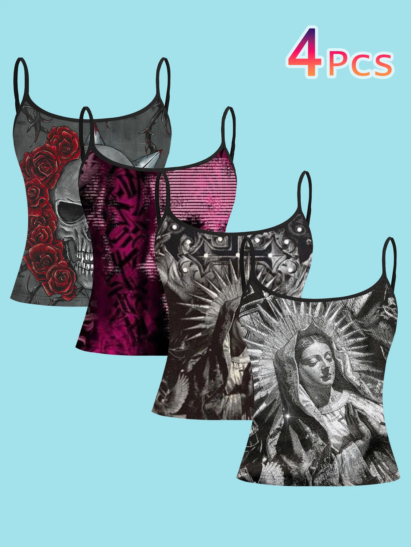 4-Piece Dark Religious Style Rose Skull Suspender Set with Vintage Distressed Patterns for Women, Featuring Thin Straps for Layering