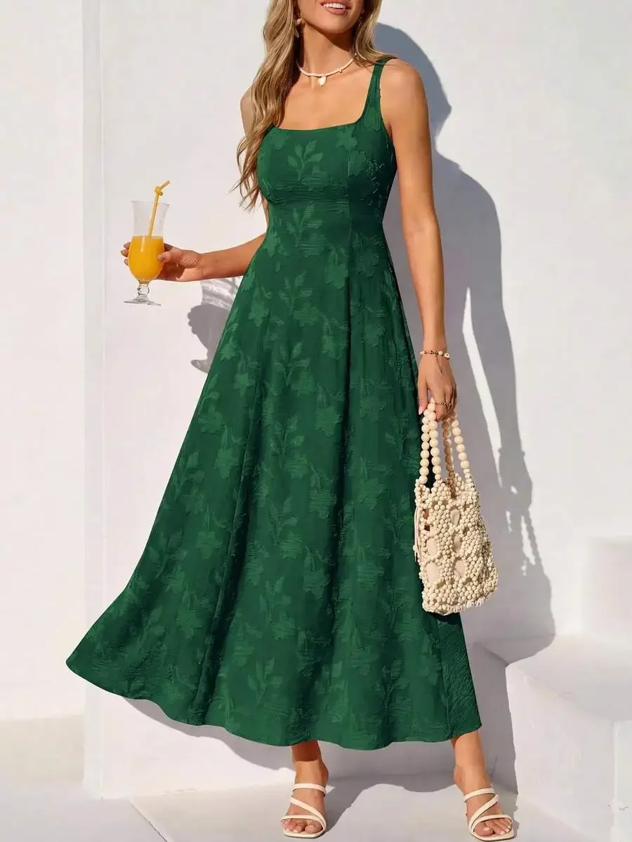 

Womens Sleeveless Square Neck Floral Jacquard Maxi Dress Casual Boho Beach Vacation Wedding Guest