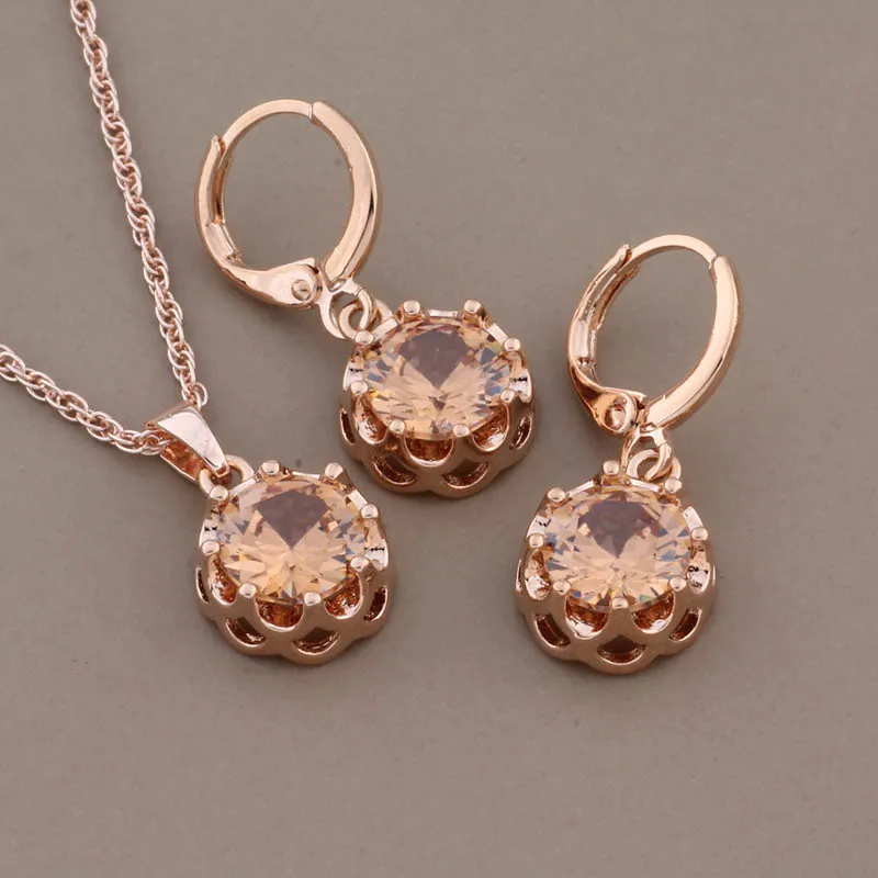 2024 Trendy Jewelry Sets 585 Rose Gold Color Drop Earring Set For Women Red Round Natural Zircon Elegant Women\'s Set