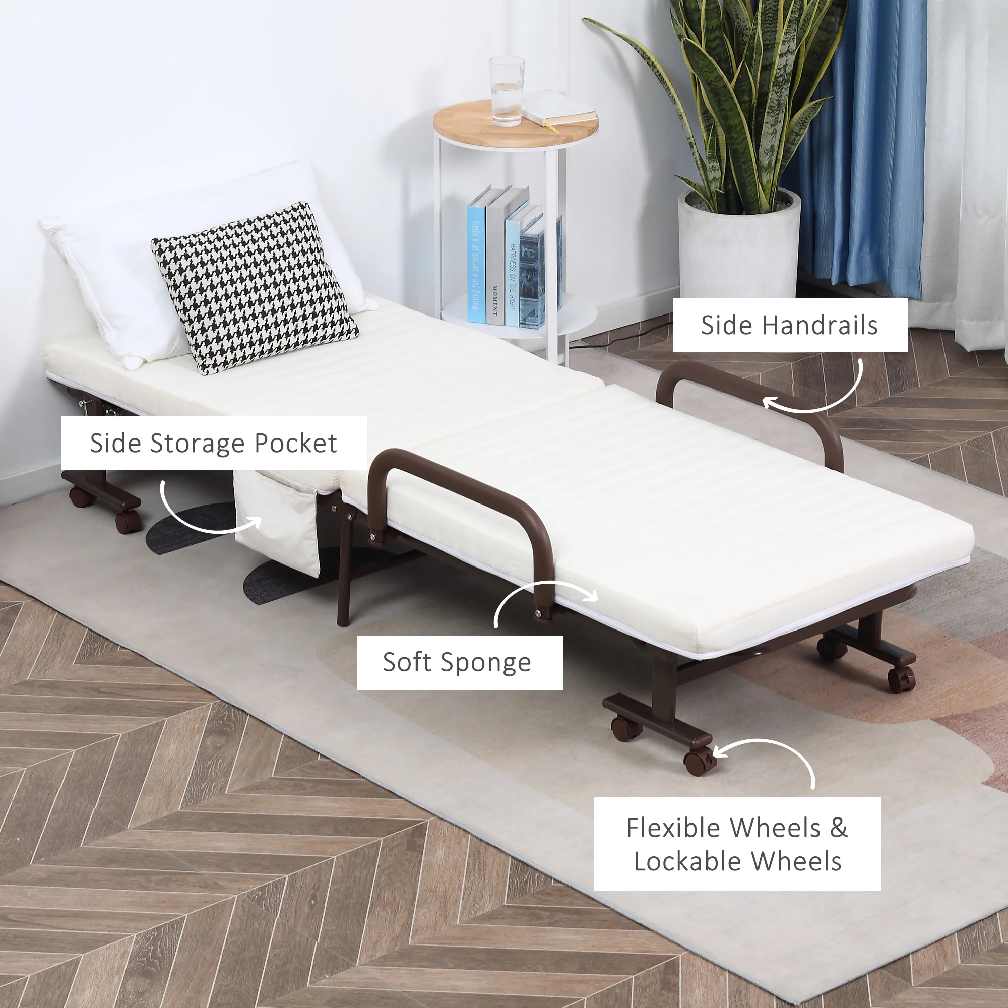 HOMCOM Folding Bed with Mattress & Wheels, Adjustable Backrest Guest, White