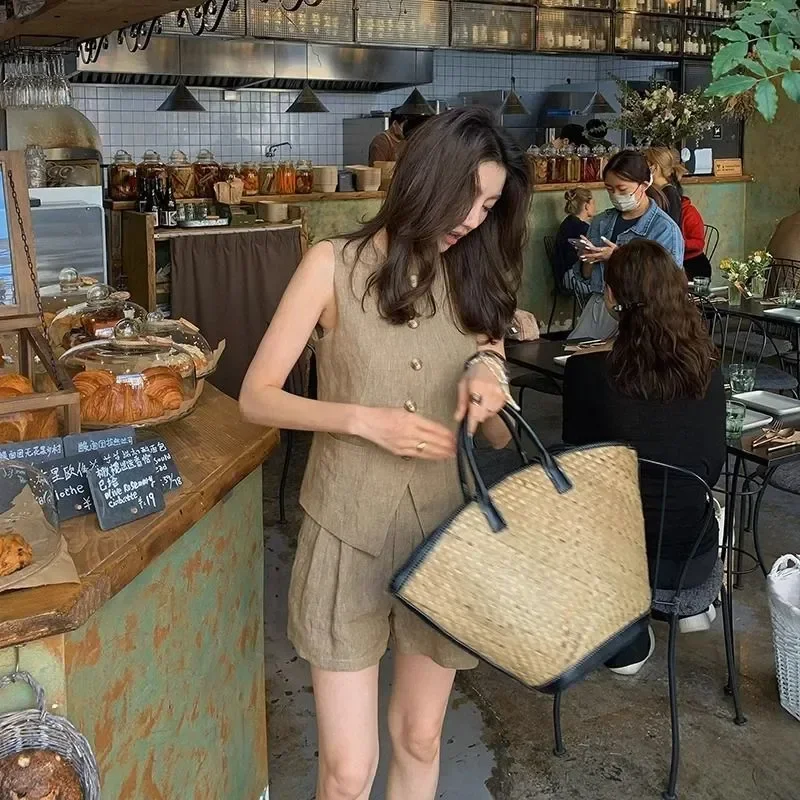

Women's Linen Blend Sleeveless Button Vest and Shorts Set Casual 2 Piece Summer Outfit