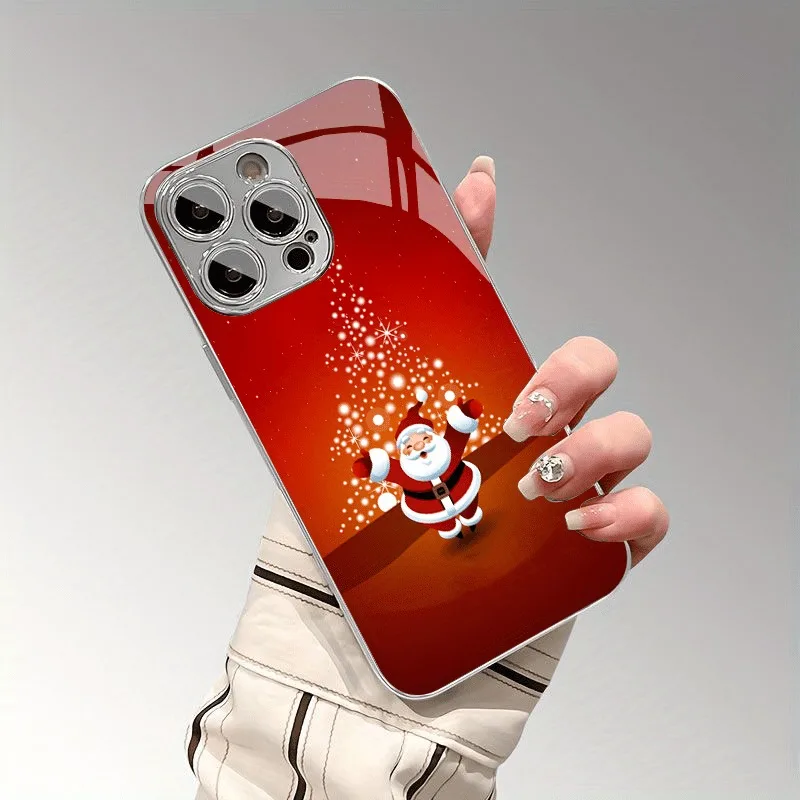 Casing Ponsel Berpola Natal Santa Claus Manusia Salju Berlapis Kaca Elektroplating Untuk iPhone 17 16 15 14 13 12 Pro Max Plus 16E 17 Air Cover