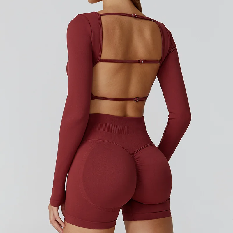New Sexy Back Hollow Out Long Sleeve Yoga Shirts Square Neck Quick Dry Running Tops Tight Slimming Gym Fitness T-Shirt With Pads