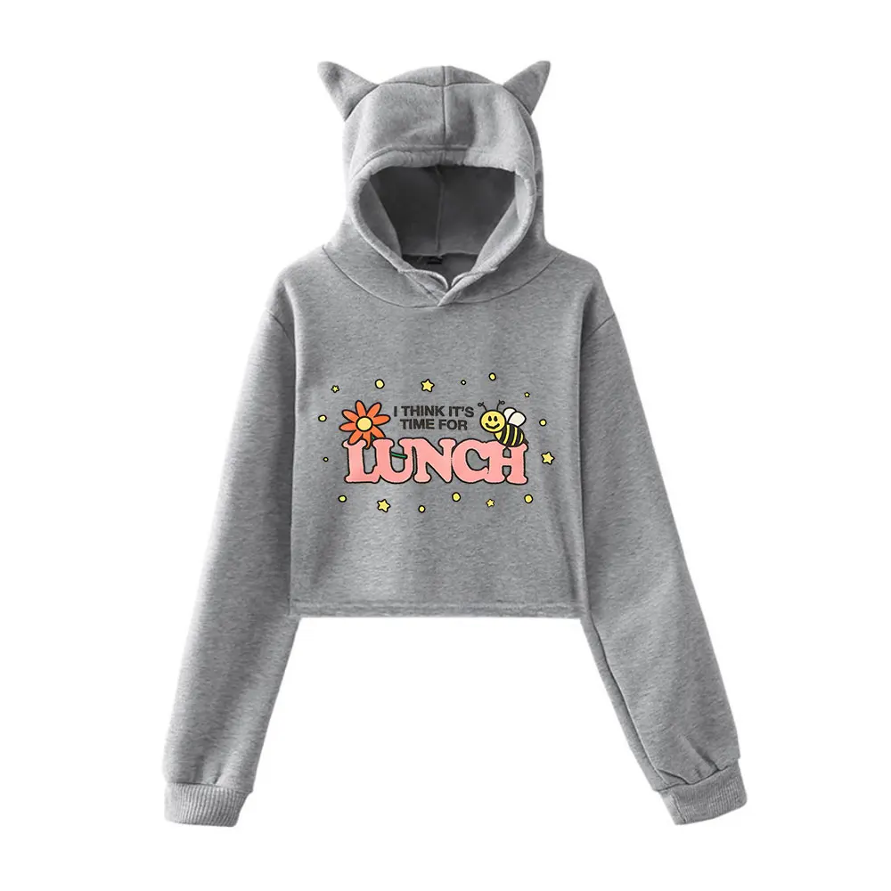 Sudadera con capucha de orejas de gato para mujer, sudaderas recortadas de manga larga, ropa de calle informal, Tops cortos, Chie Ko I Think It's Time For Lunch