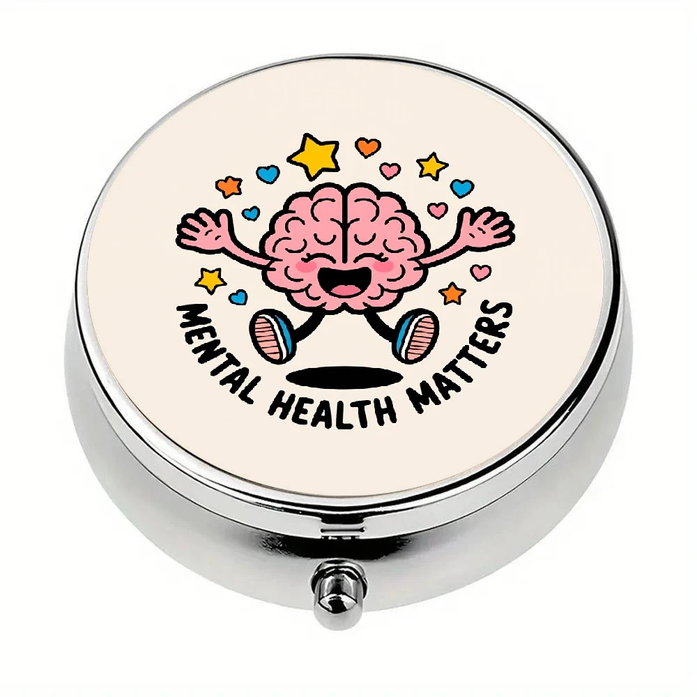 Flat-Packed Pill Box Featuring a Brain Design That Highlights Mental Health, with a Cheerful Pink Brain Shape, Featuring Arms, Stars, and Hearts. It Has Three Compartments, Portable and Safe.
