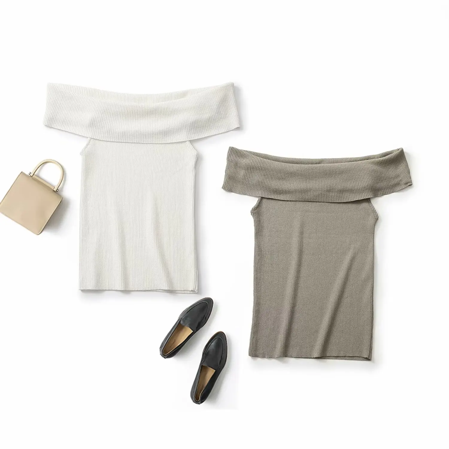 

Women 2024 Spring and Summer New Fashion Minimalist Rib Neck Knitted Casual T-shirt Chic Shoulder Sleeveless Top Mujer