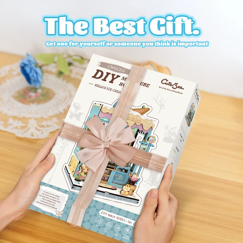 큐트비 DIY 북눅 키트 미니어처 나무 인형의 집 LED 조명 책장 삽입 3D 퍼즐 장식 모델 벨라의 아이스크림용