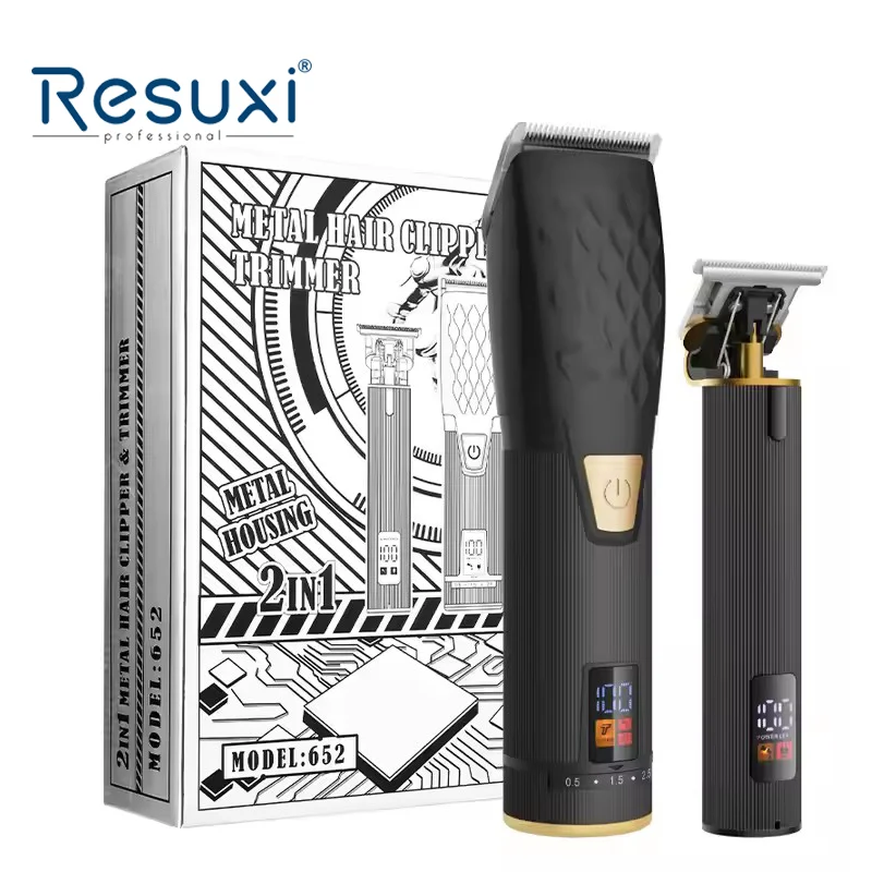 Resuxi 652 قابلة للشحن منخفضة الضوضاء صالون الحلاقة مقص الشعر اللاسلكي T شفرة المتقلب الرجال المهنية 2 قطعة مجموعة