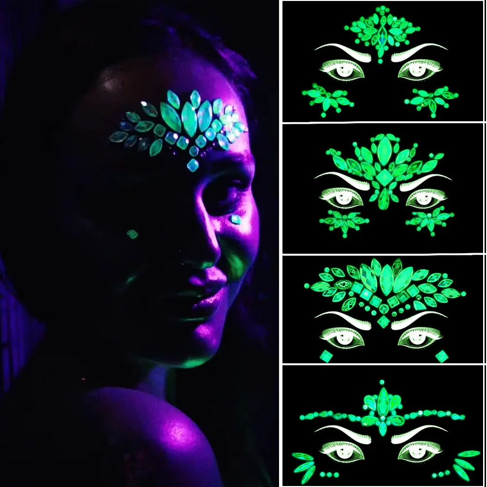 1pcs 3D Luminous Face Gems Tattoo Stickers Glow in the Dark Body Jewelry Face Rhinestones Tattoo Sparkly Festival MakeupTattoo @