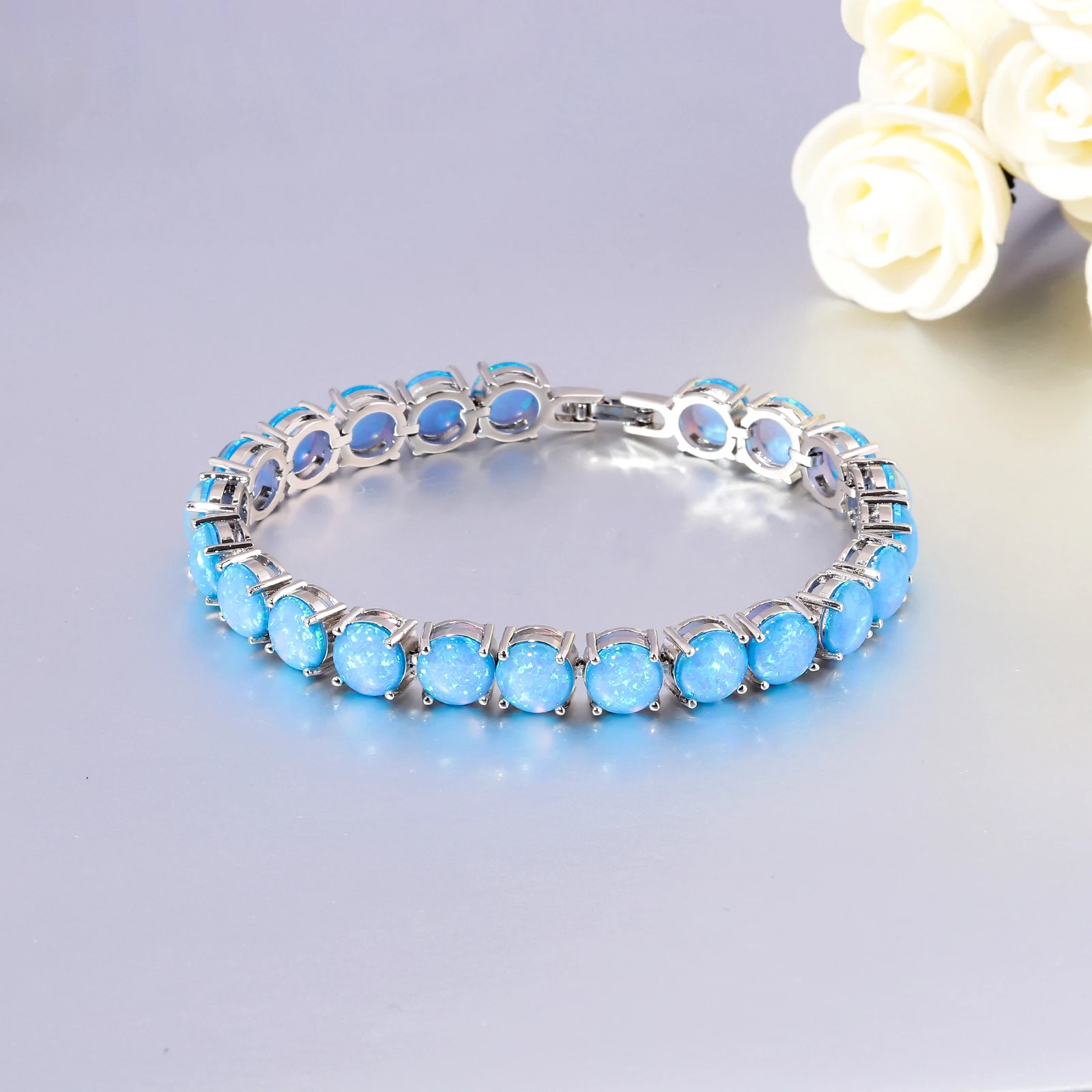 CiNily White & Blue Fire Opal Stone Link Bracelet Silver Plated Chain Bangle Luxury Larger Boho Engagement Summer Jewelry Woman