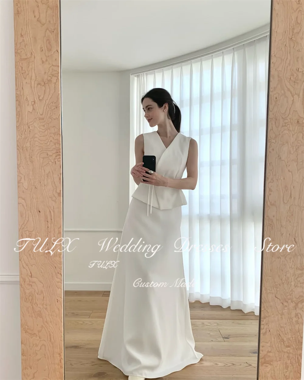 TULX Elegantes Weißes Meerjungfrauen-Brautkleid mit Reißverschluss, Korea Fotoshooting, V-Ausschnitt, Ärmellos, Langes Brautkleid, Maßanfertigung, Hochzeitskleid 2026