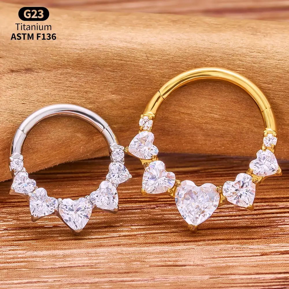 Titanium Heart Clicker Set Septum Ring CZ Pave Segment Hoop Helix Tragus Labret Medusa Conch Piercing Jewelry Anatomy