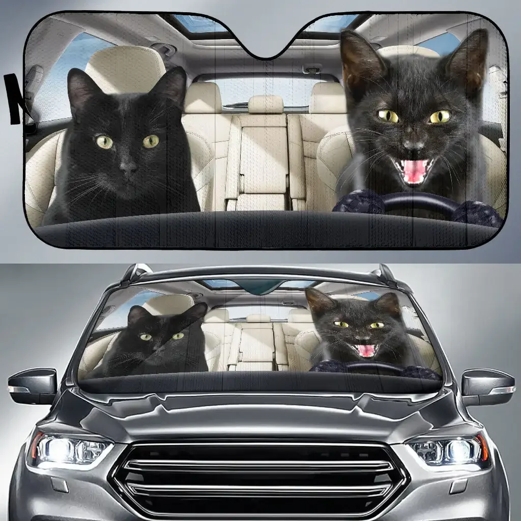 Funny Black Cats Driving Car Auto Sunshades Winter Season Drive Car Sunshade, Black Cat Couple Driving On Winter Auto Sun Shade