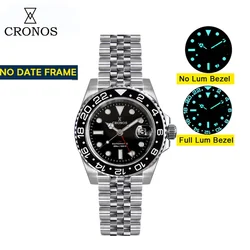 Cronos GMT Automatic Men Watch Bidirectional Bezel Sapphire 20 ATM NH34 Solid 5 links Printed Logo Metal Bracelet BGW-9 L6020