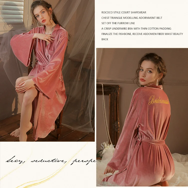 Embroidery Letter Sleepwear Women Velvet Robe Spring Autumn Nightdress Sexy Bathrobe Wedding Nightgown Loose Casual Home Wear