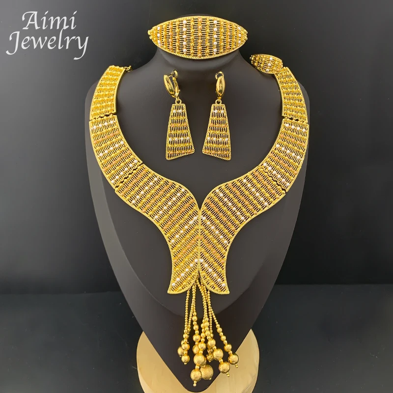 

Italian Luxury 4Pcs Jewelry Set Bohemian Tassels Chunky Choker Collar Necklace Earring Bracelet Ring Bridal Wedding Party Gifts