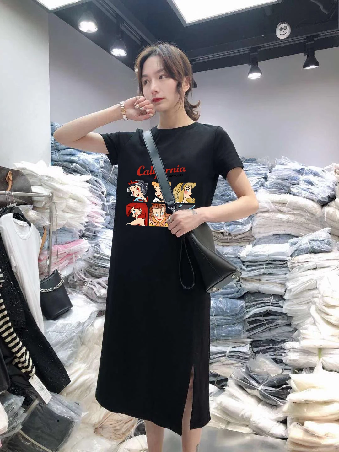 Été nouveau femmes décontracté ample Midi genou longueur ort-sav Dr confortable tricoté tissu rond Ne imprimé t-shirt Dr