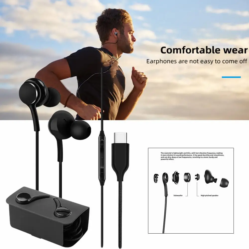 Type C Earbuds Wired Type-C Wired Bass Headphone Hi-Fi Stereo Sound Noise Canceling Waterproof Earphones For Hand-free Call D2X5