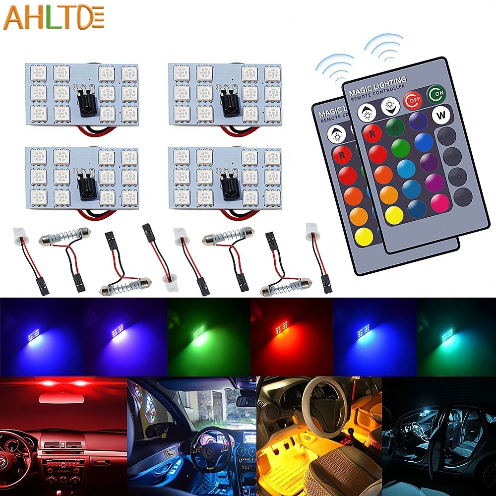 

4pcs T10 Car Atmosphere Festoon Reading Dome lamps BA9S Adapter Led RGB 12V 5050 Auto Remote Controller Panel Interior Lighting