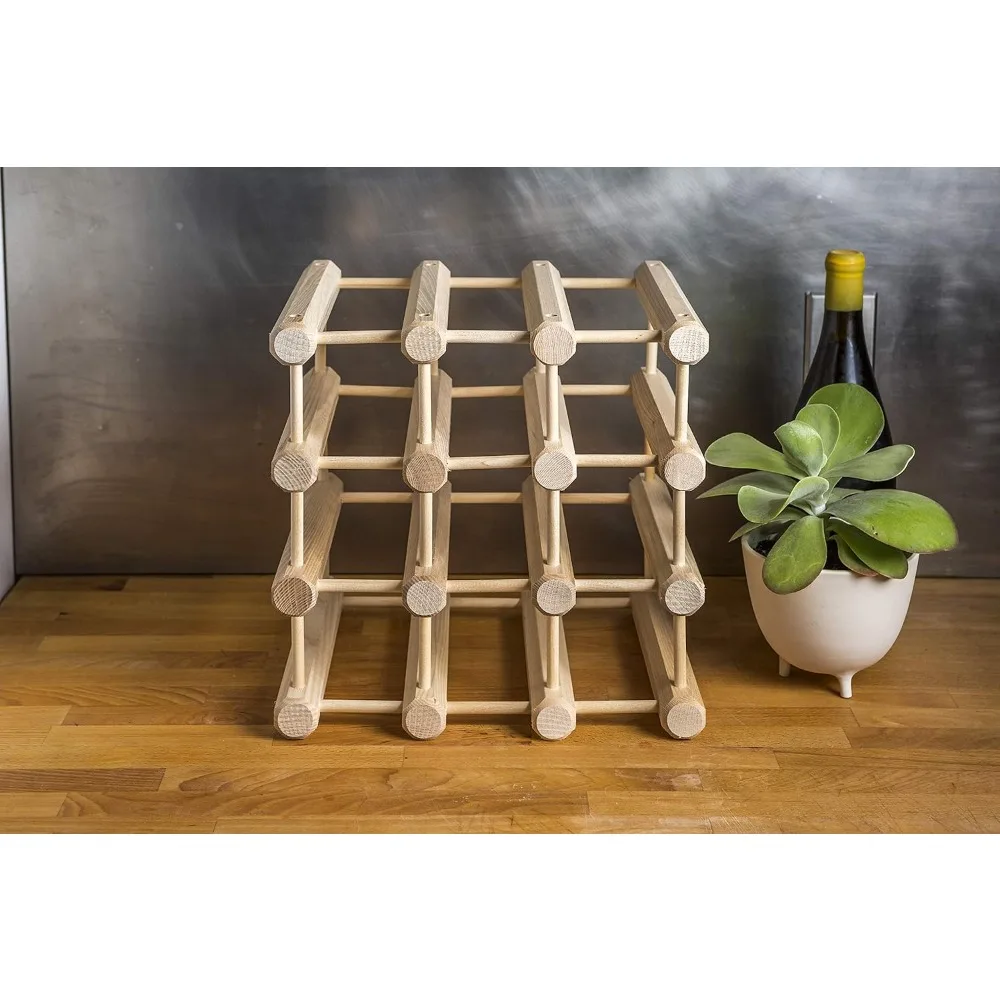 Stackable Wood Wine Rack Holder, Modular Storage for 12 Bottles, Natural Ash Finish - Home Bar Organizer
