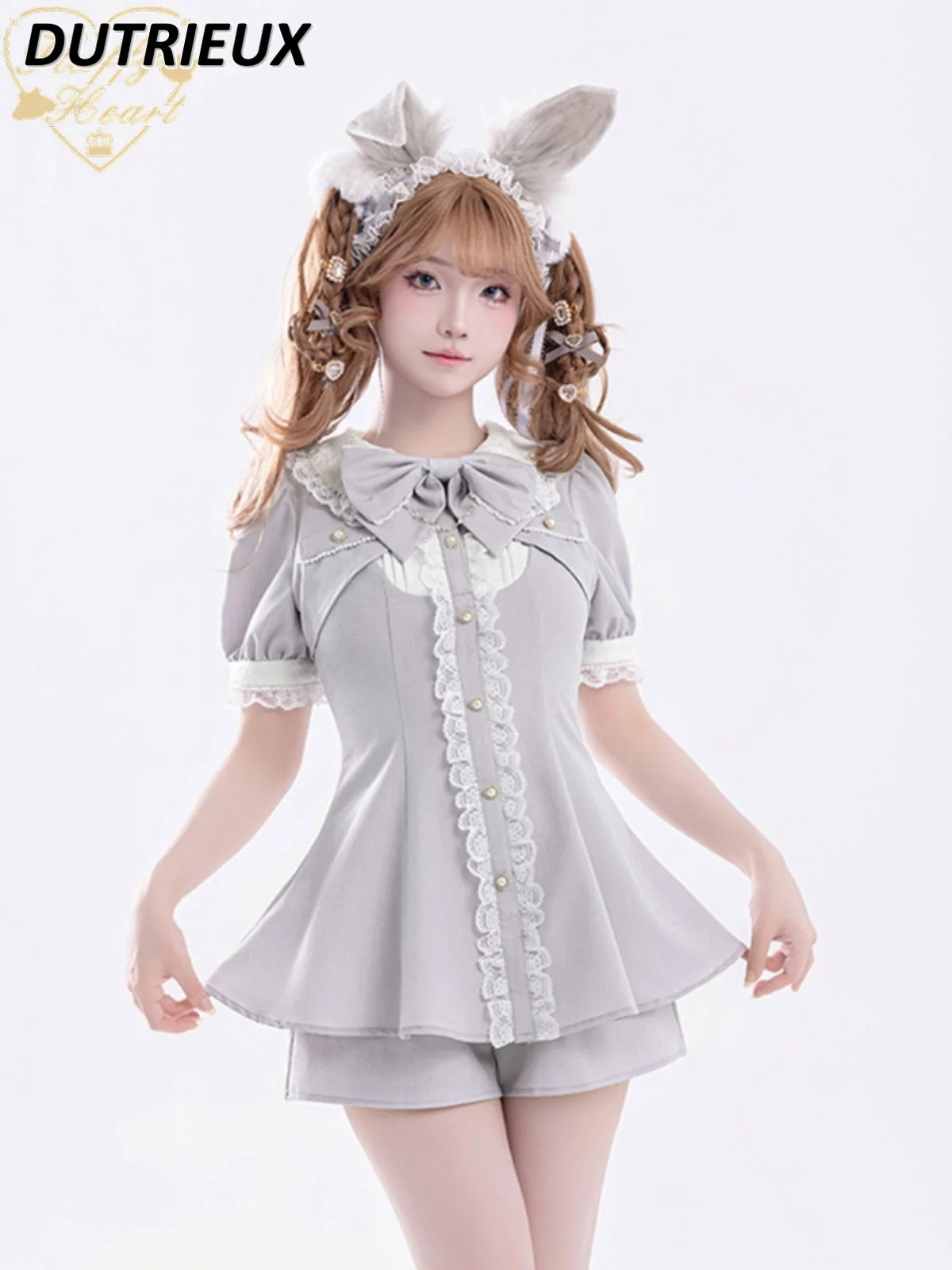 

Summer Japanese Sweet Girl Peter Pan Collar Dress Short Sleeve Waist-Controlled Top and Base Shorts 2 Piece Sets Womens Outfits